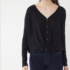 Black Waffle Knit Thermal Button Down